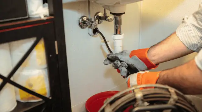 Drain cleaning technician using a motorized plumbing snake to clear a clogged sink pipe in Green Bay, WI